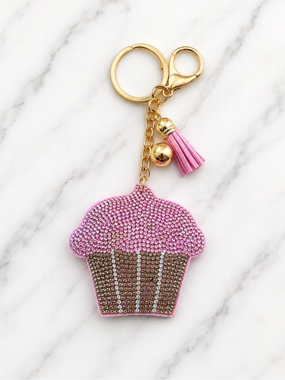 Cupcake Bag Charm/Keyring with Pink and Brown Rhinestone on Gold Hardware